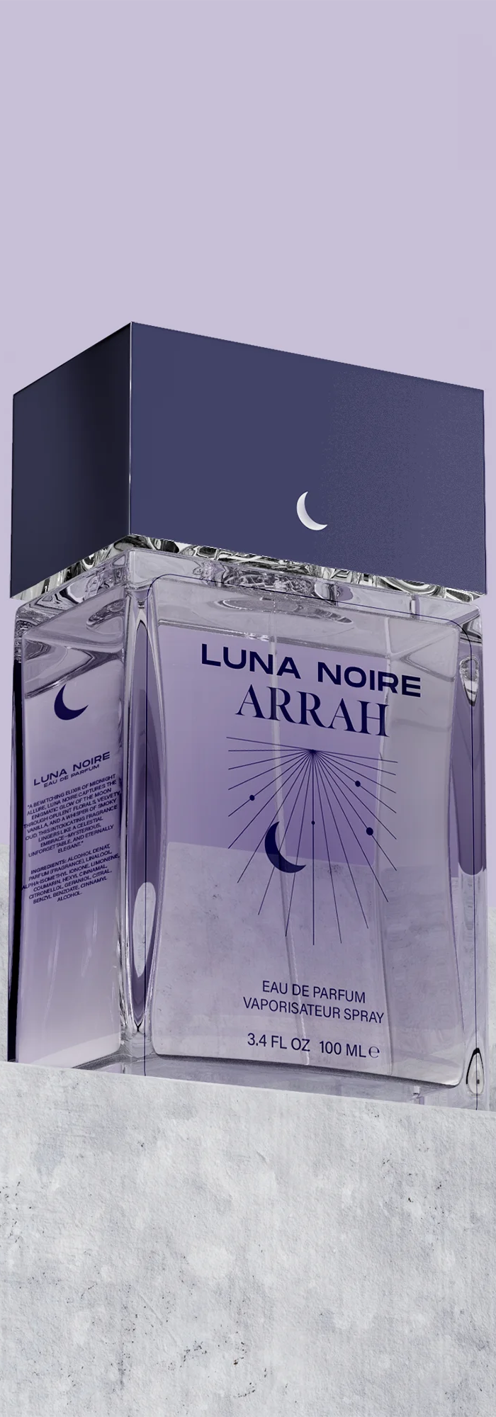 Luna Noire Arrah perfume bottle and packaging on a textured surface with a light purple background