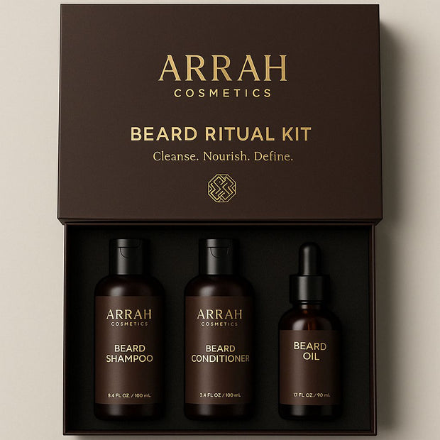 ARRAH Cosmetics Beard Ritual Kit with three bottles on a beige background