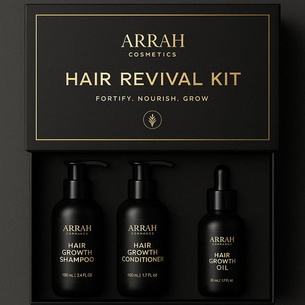 ARRAH Cosmetics Hair Revival Kit with three black bottles on a dark background