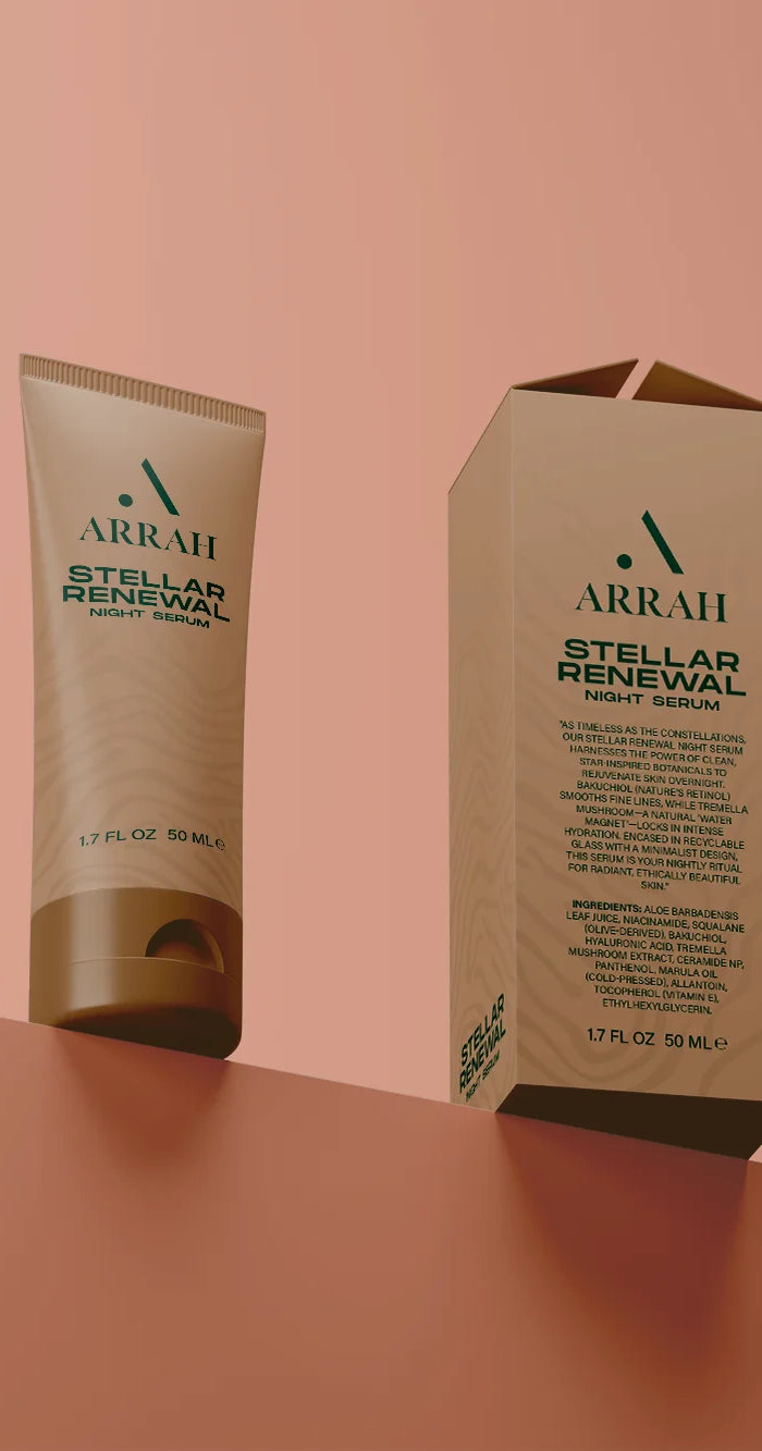 ARRAH Stellar Renewal skincare product on a peach background