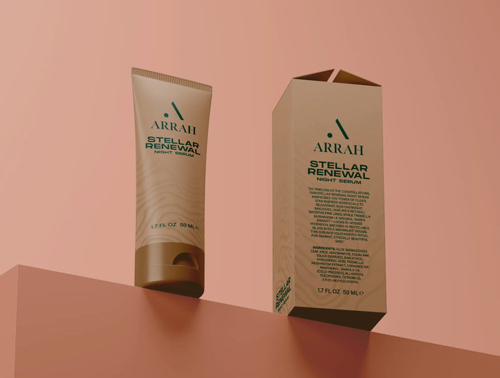 ARRAH Stellar Renewal body serum and packaging on a pink background