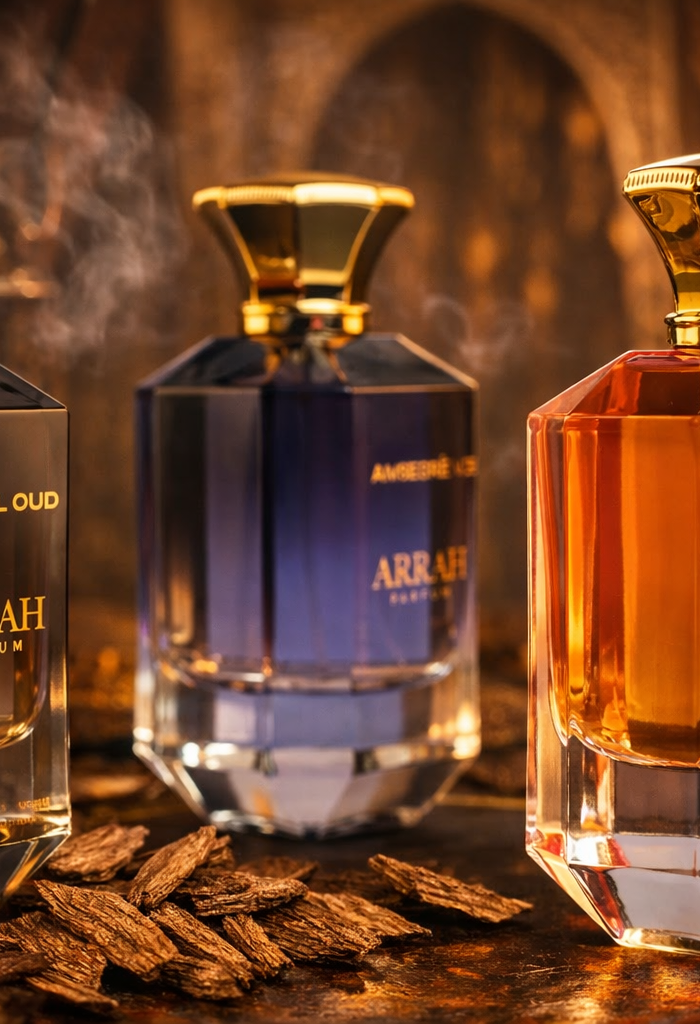 Three Arrah perfume bottles on a decorative tray with spices, against a warm, blurred background.
